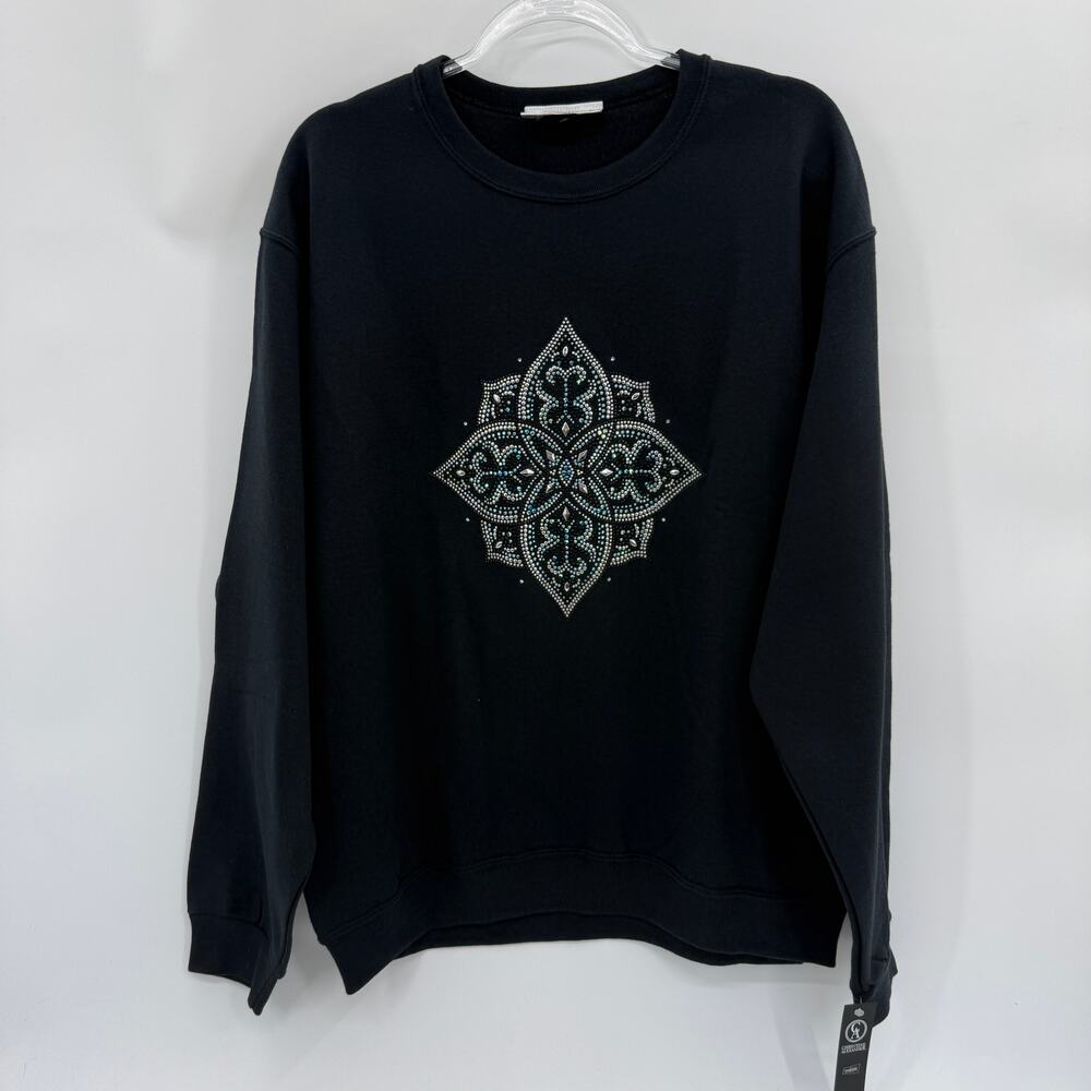New CHRISTINE ALEXANDER Sweatshirt Size L Black Mandala Swarovski Crew Neck